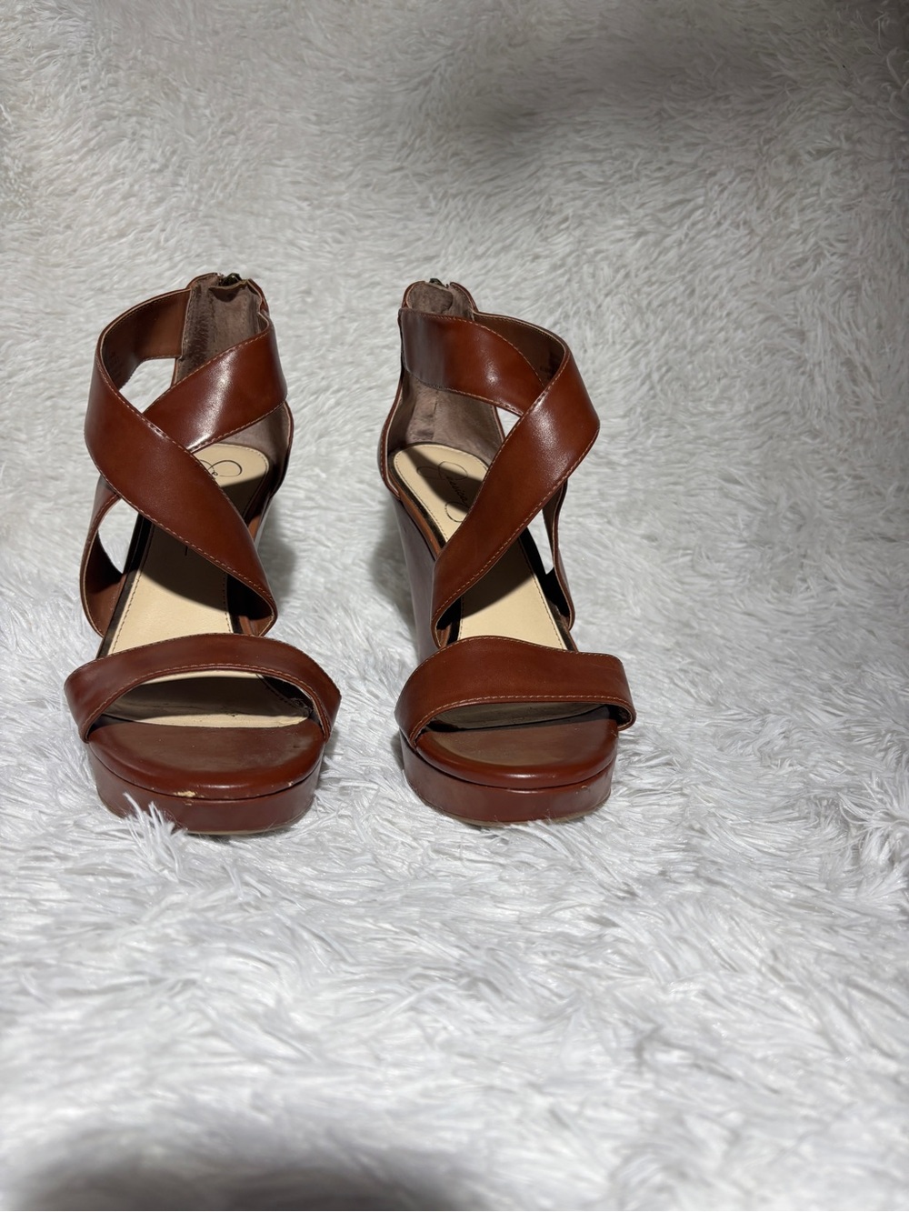 Jessica Simpson Brown Leather Crisscross Platform Heels